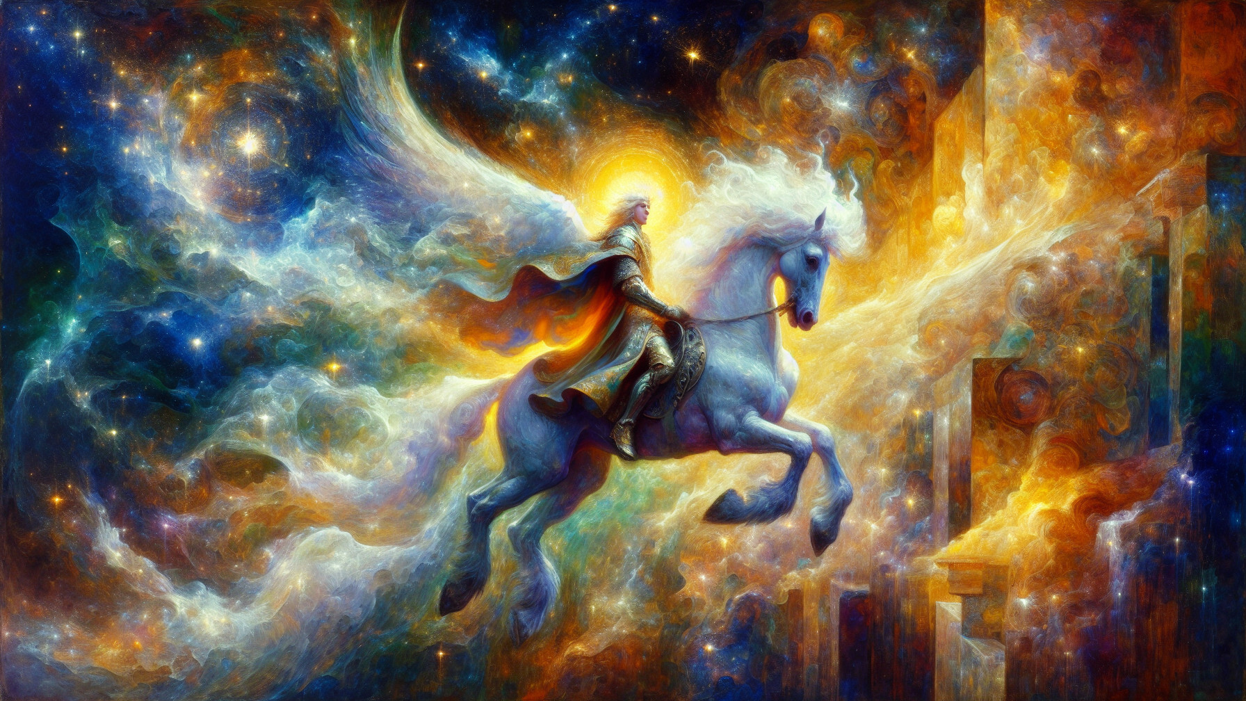 Majestic Rider on Winged Horse in Cosmic Scene