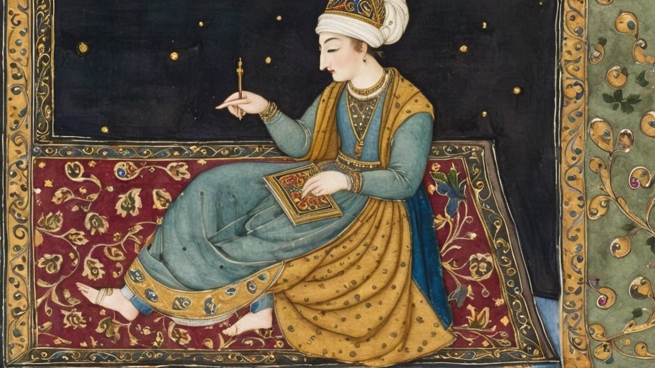 Miniature Painting of Regal Woman in Vibrant Attire