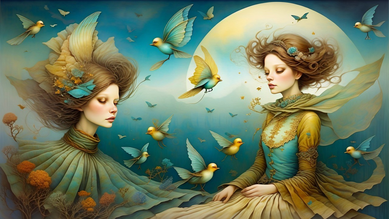 Ethereal Figures Surrounded by Vibrant Birds and Moonlight