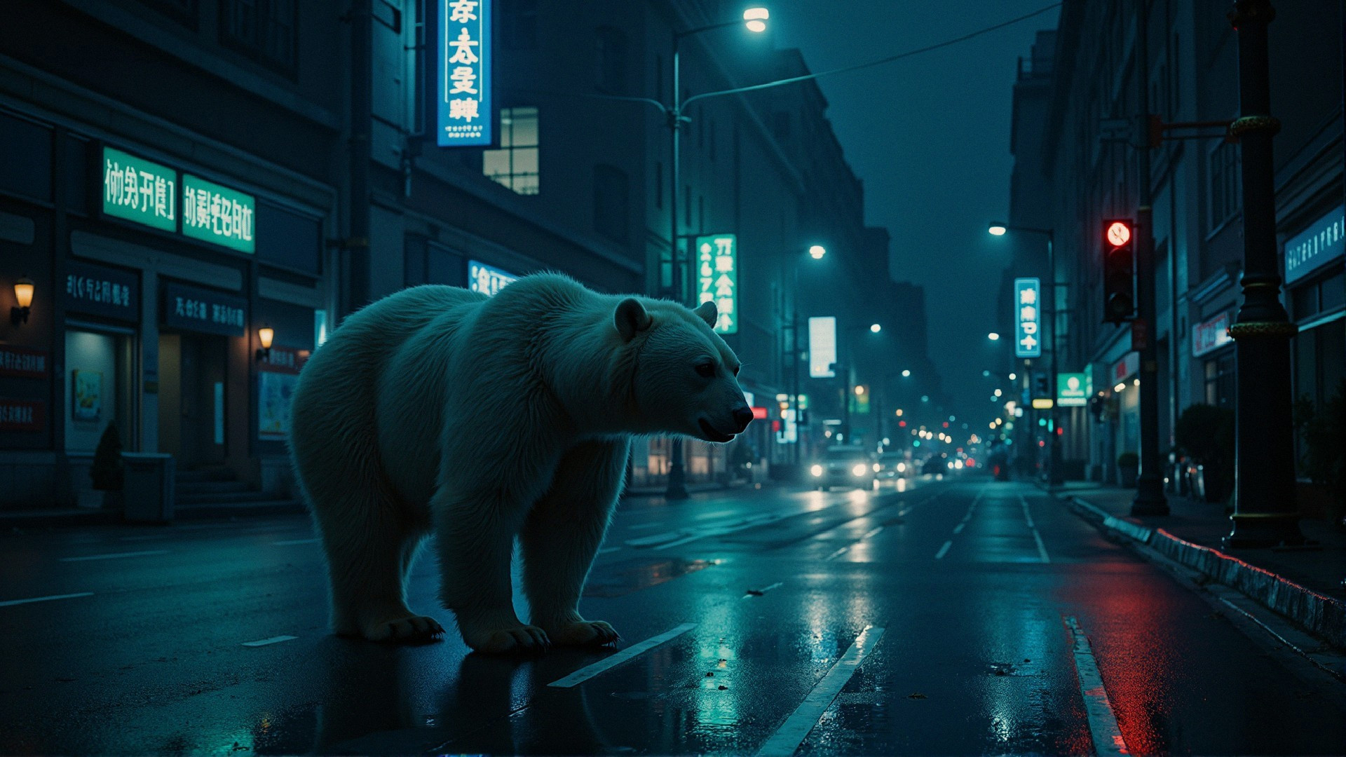 White bear on urban street at night with neon lights