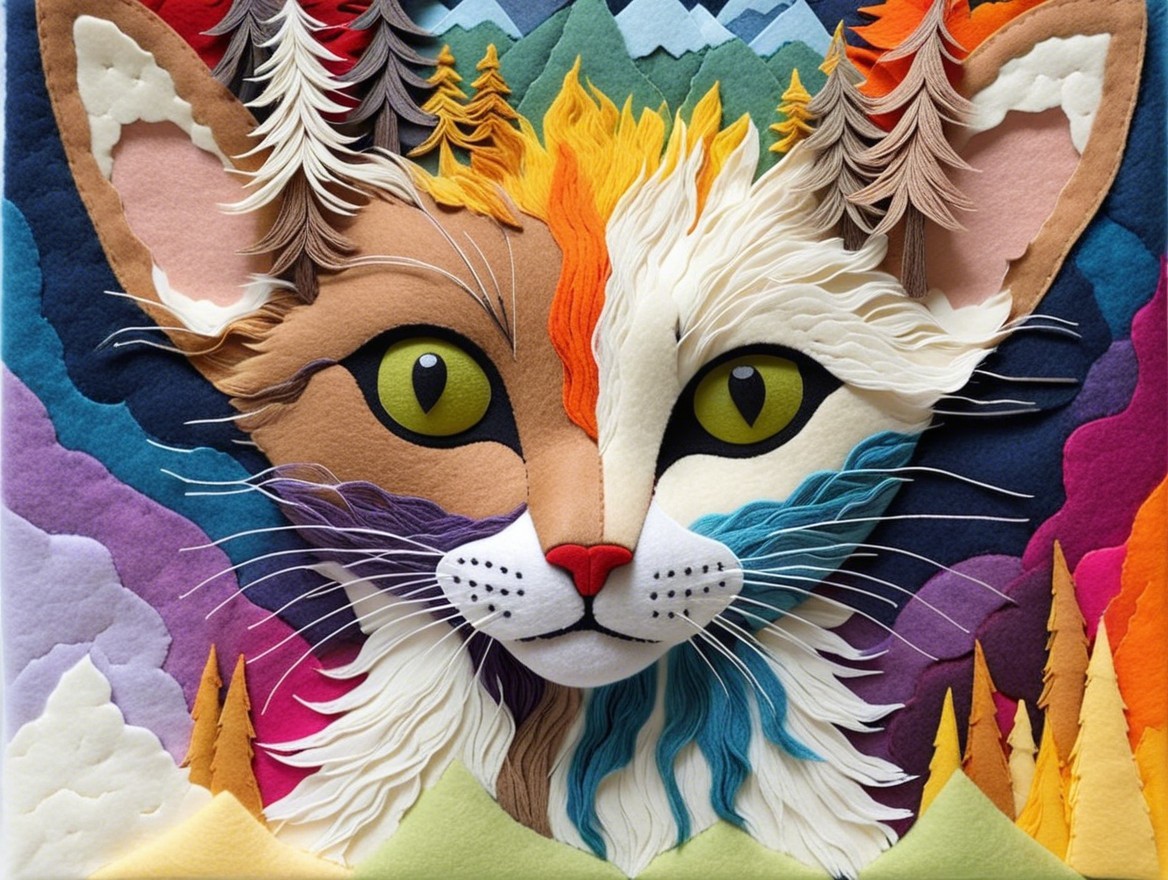 Three-Dimensional Felt Artwork of a Cat's Face