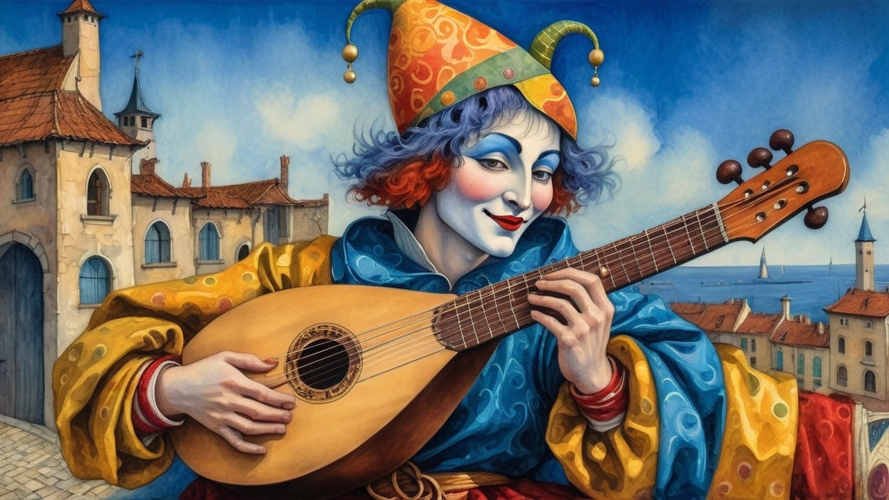 Vibrant Jester Playing Lute in Coastal Setting