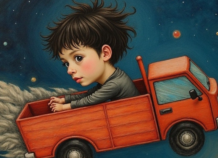 Child in toy truck amidst starry night sky scene