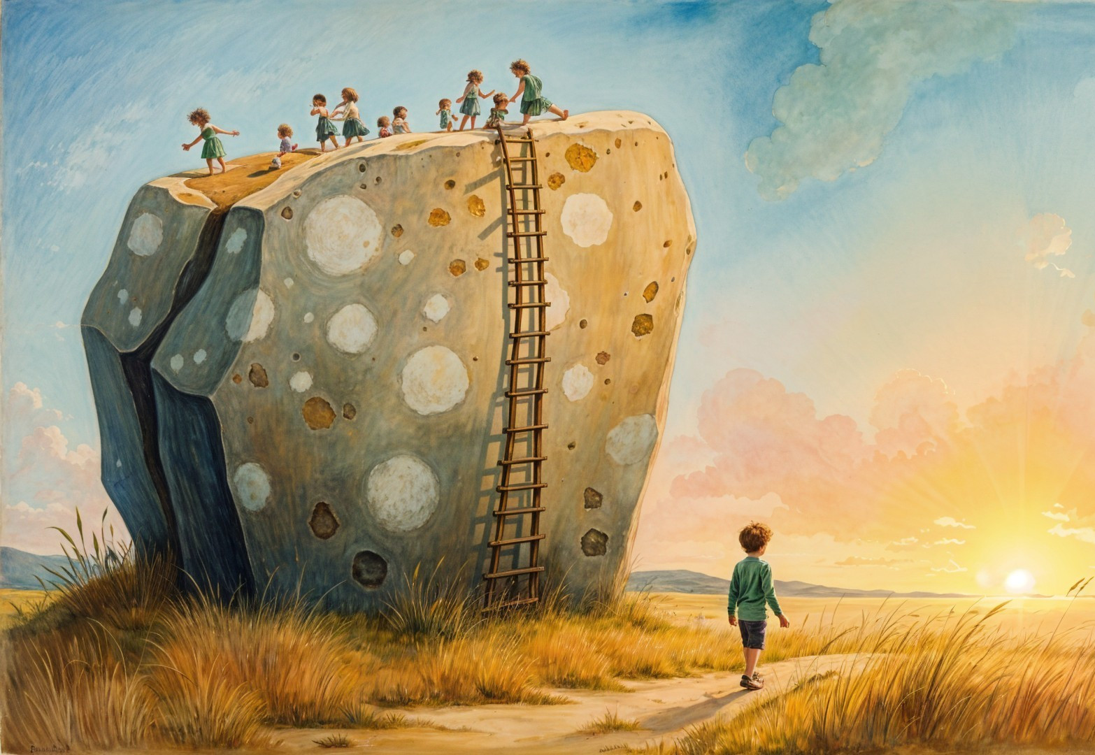 Children Playing on a Textured Boulder at Sunset
