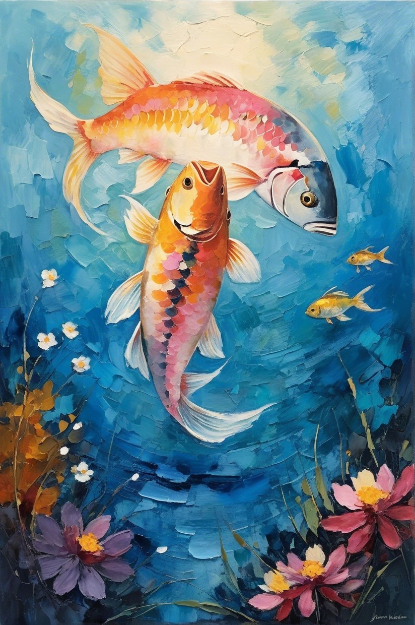Colorful Koi Fish Painting with Water Lilies and Goldfish