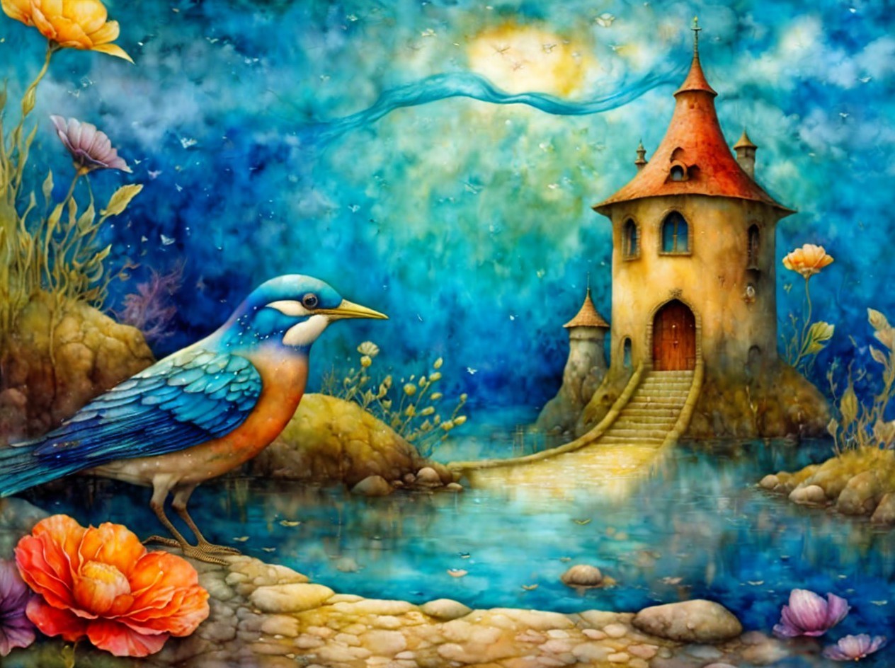 Vibrant Scene of Bird by Pond and Fairytale Castle