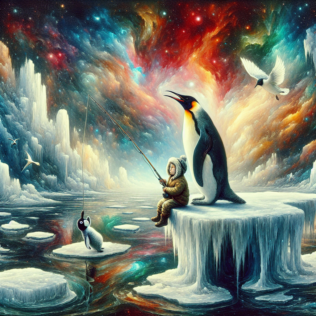 Whimsical Cosmic Scene with Child and Penguin Fishing