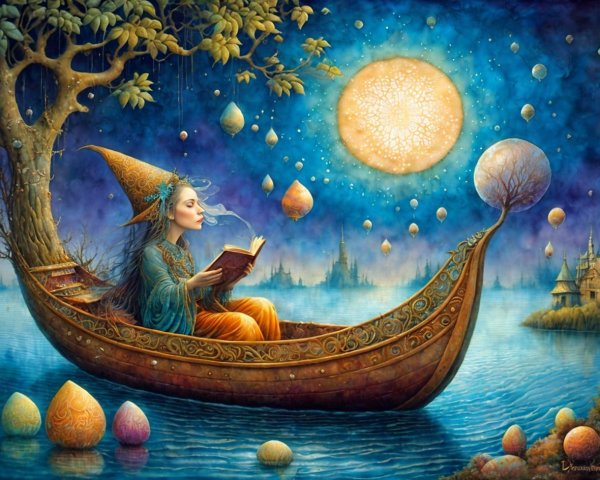 Young Woman in Whimsical Boat Surrounded by Orbs