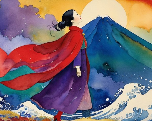 Serene Figure with Colorful Cloak Against Vibrant Landscape