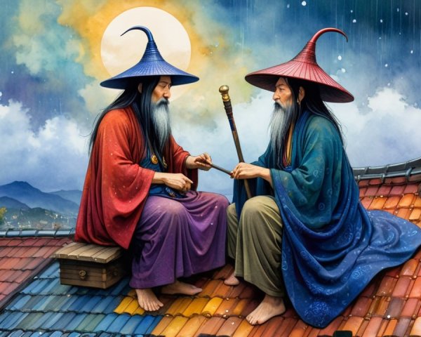 Wise Figures on Colorful Roof Under Full Moon