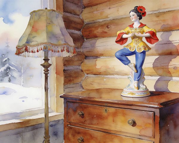 Watercolor of a Figurine on a Dresser with Landscape