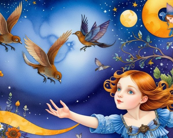 Whimsical Illustration of Girl with Birds and Night Sky