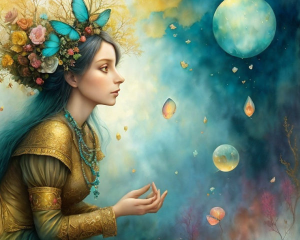 Serene Young Woman in Golden Gown with Floral Crown