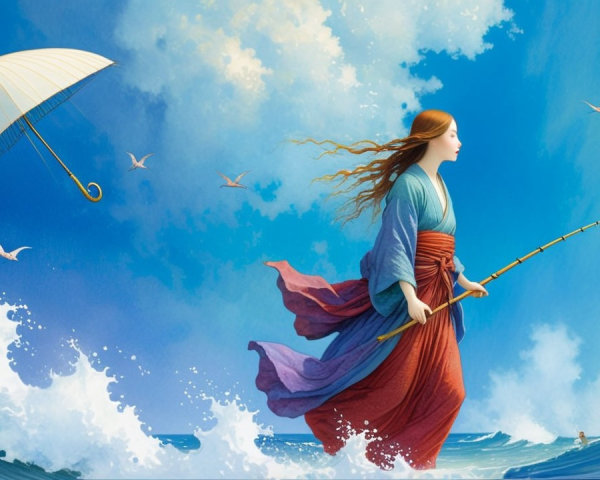 Woman Walking Through Ocean Waves with Fishing Rod