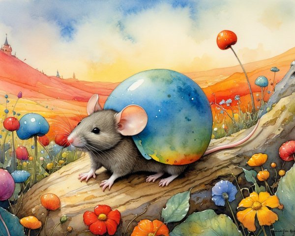 Whimsical Mouse on Log with Colorful Egg Illustration