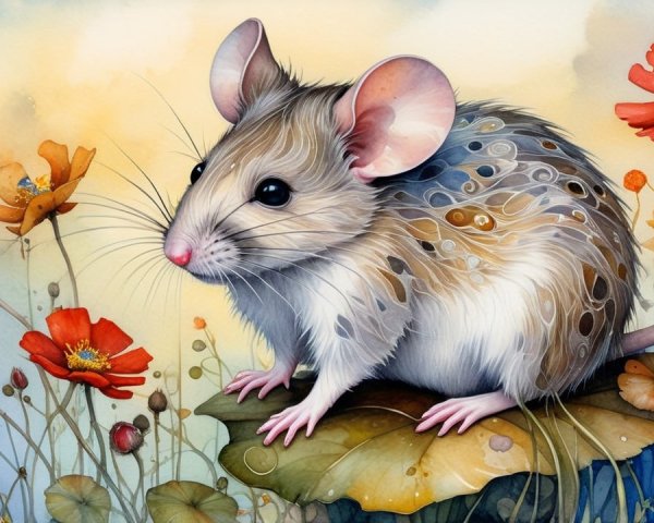Whimsical Mouse Illustration on Green Leaf with Poppies