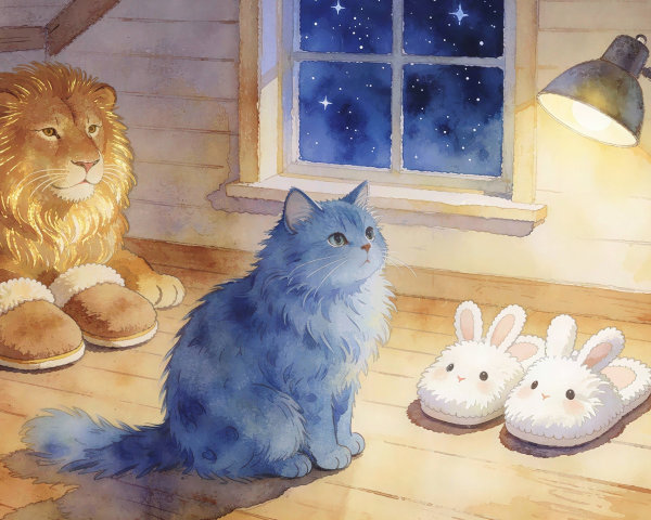 Attic Room at Night with Lion, Cat, and Bunny Slippers