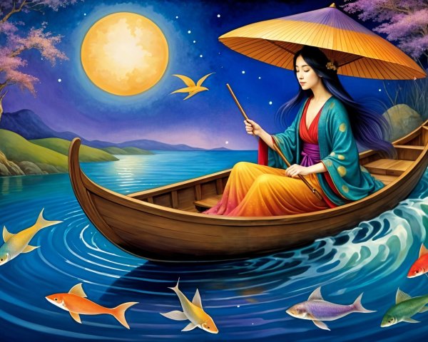 Woman in Kimono on a Boat in Tranquil Lake Scene