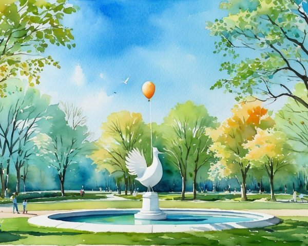 Serene Park Scene with Fountain and Bird Statue