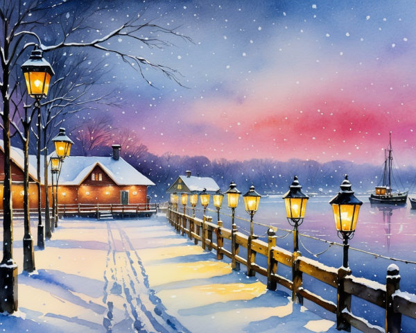 Serene winter landscape with snow and warm lights