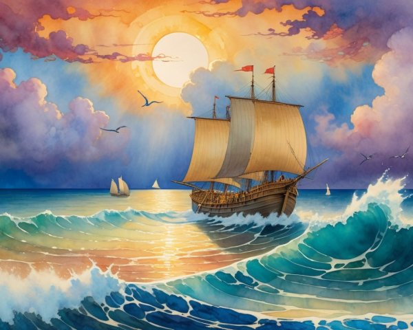 Majestic Sailing Ship in Vibrant Maritime Scene