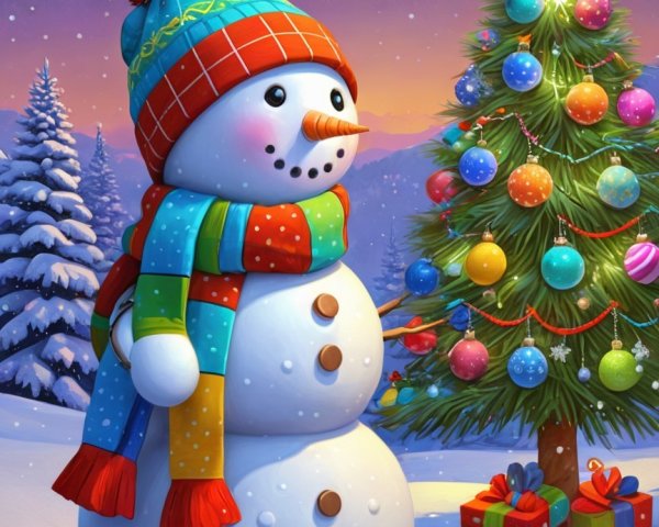 Cheerful Snowman in Snowy Landscape with Christmas Tree