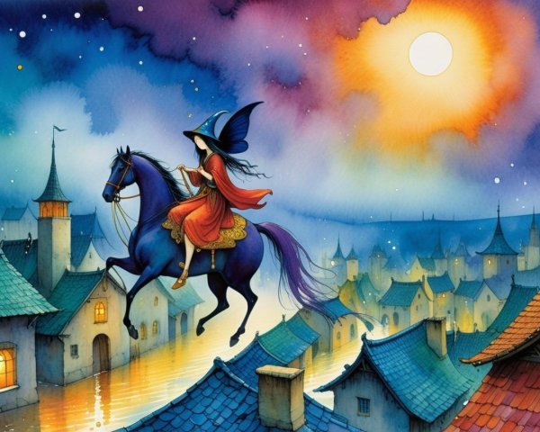 Witch Riding Blue Horse Over Village at Night