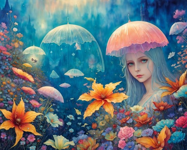 Young girl in a dreamlike landscape with flowers and umbrellas