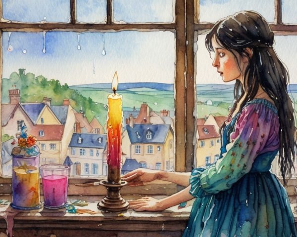 Young girl gazing out window with candlelight glow