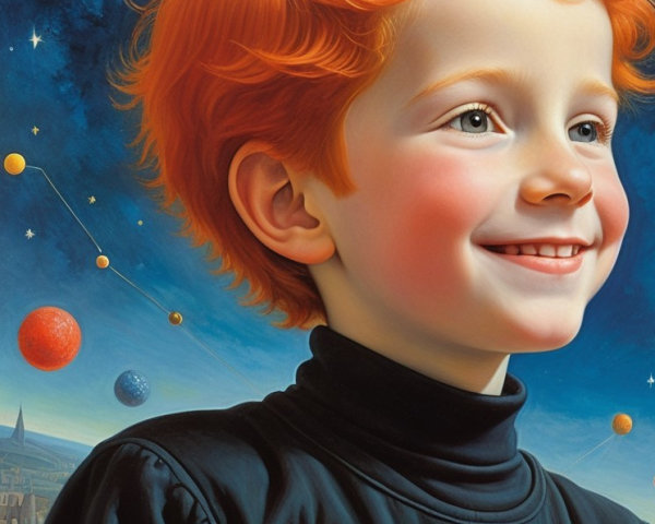 Cheerful boy with red hair in cosmic setting