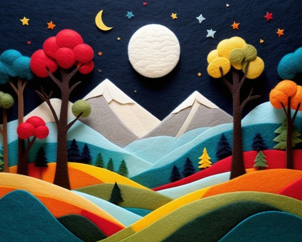 Vibrant Felt Landscape with Colorful Trees and Mountains