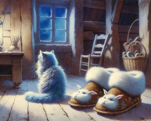 Cozy Room with Blue Cat and Starry Night View