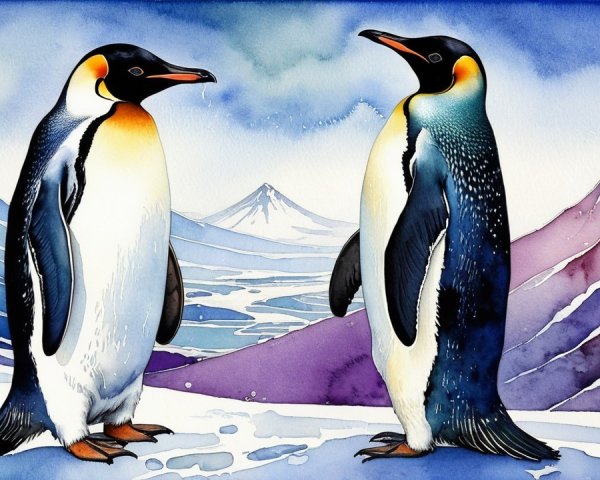 Vibrant Penguins in a Serene Antarctic Landscape