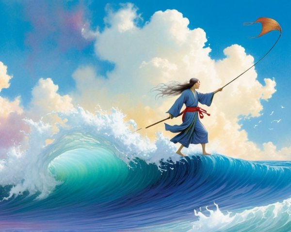 Serene figure in blue robes with colorful kite on waves