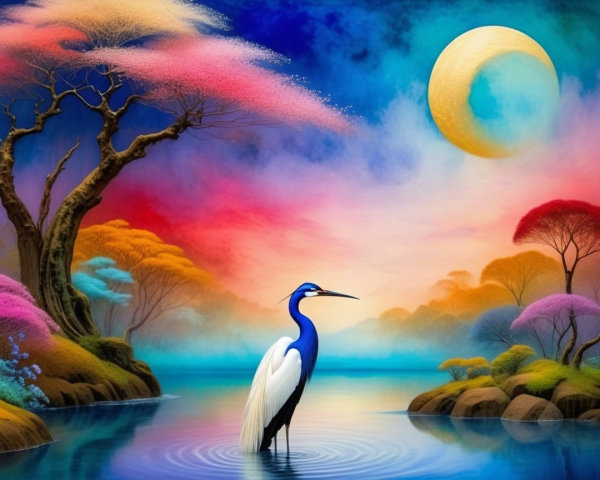 Serene Landscape with Blue Heron and Moonlit Sky