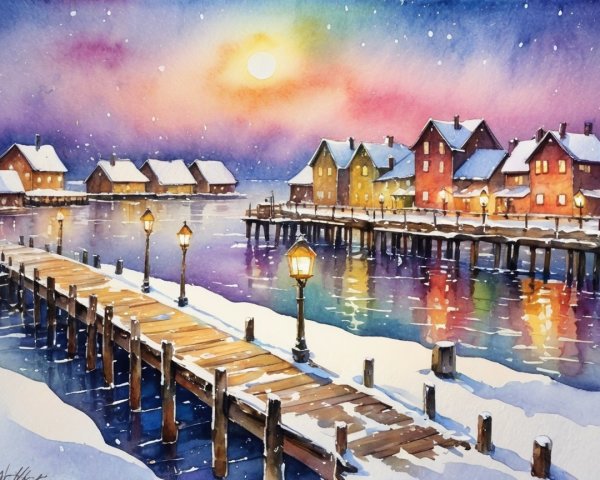 Serene Winter Scene with Colorful Houses and Snow
