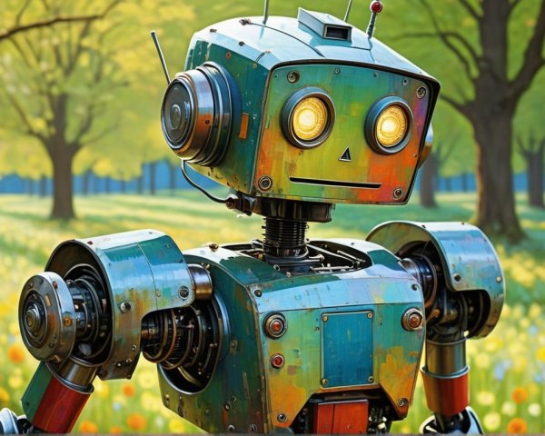 Retro-futuristic robot in a vibrant flower field
