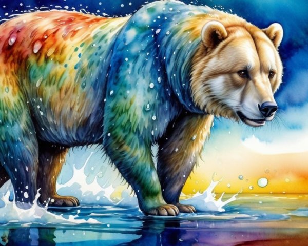 Colorful Bear at Water's Edge with Dramatic Sky
