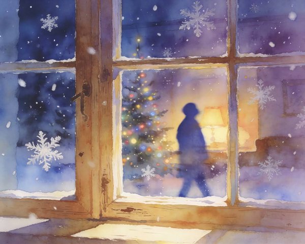 Watercolor Scene of Snowy Window and Christmas Tree