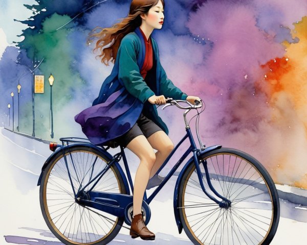 Young Woman Biking on a Colorful Watercolor Road