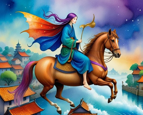 Mystical Figure Riding Horse Over Colorful Village