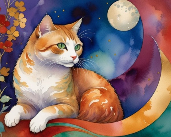 Vibrant Watercolor of Cat with Moon and Flowers