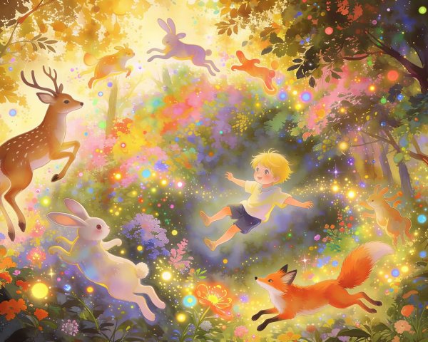 Whimsical Watercolor of a Boy in a Magical Forest