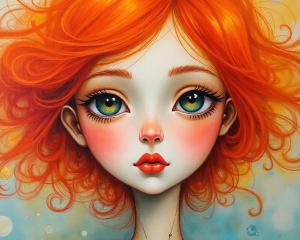 Portrait of a girl with orange curly hair and green eyes