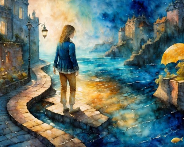 Girl on Cobblestone Path by Shimmering Blue River