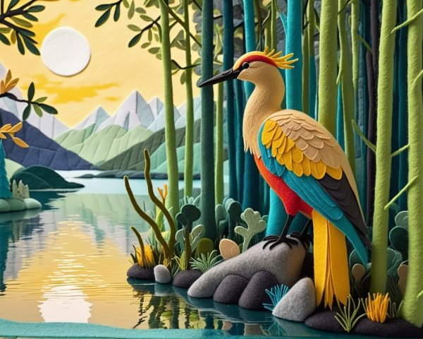 Vibrant Bird Scene by Tranquil Lake at Sunset