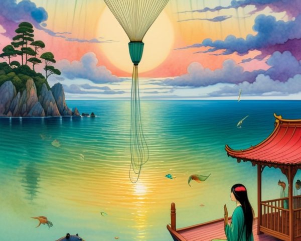 Serene Landscape with Sunset, Lake, and Traditional Scene