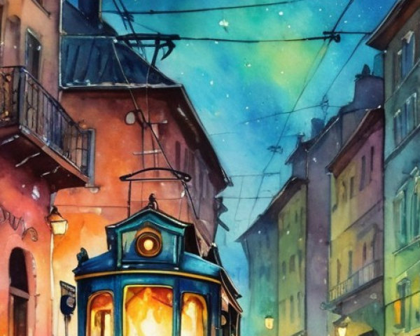 Vibrant street scene with vintage tram and full moon