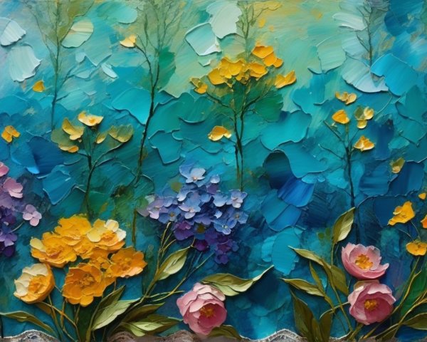 Vibrant Textured Painting of Colorful Flower Garden