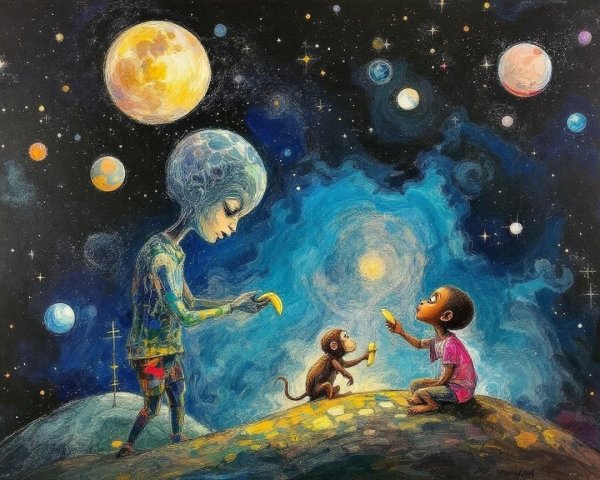 Alien and Boy Share Bananas in Cosmic Landscape